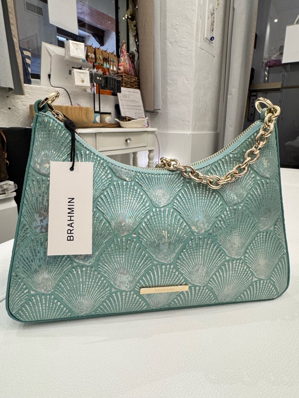 ✨💕NWT Brahmin Waterfall Tides Embossed Leather Shoulder Bag with Gold Chain